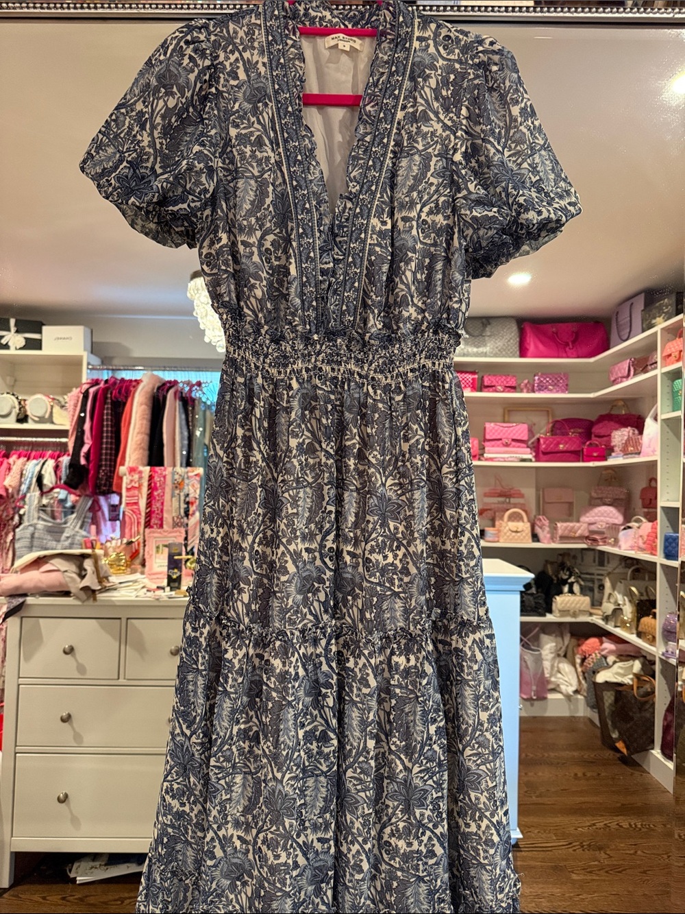Max Studio Bohemian Blue Floral Tiered Midi Dress